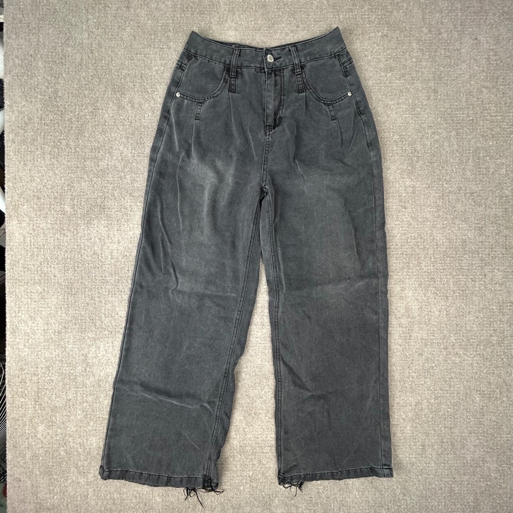 USED Baggy Jeans Womens Large Black Denim Cotton Dark Wash Straight Leg Casual